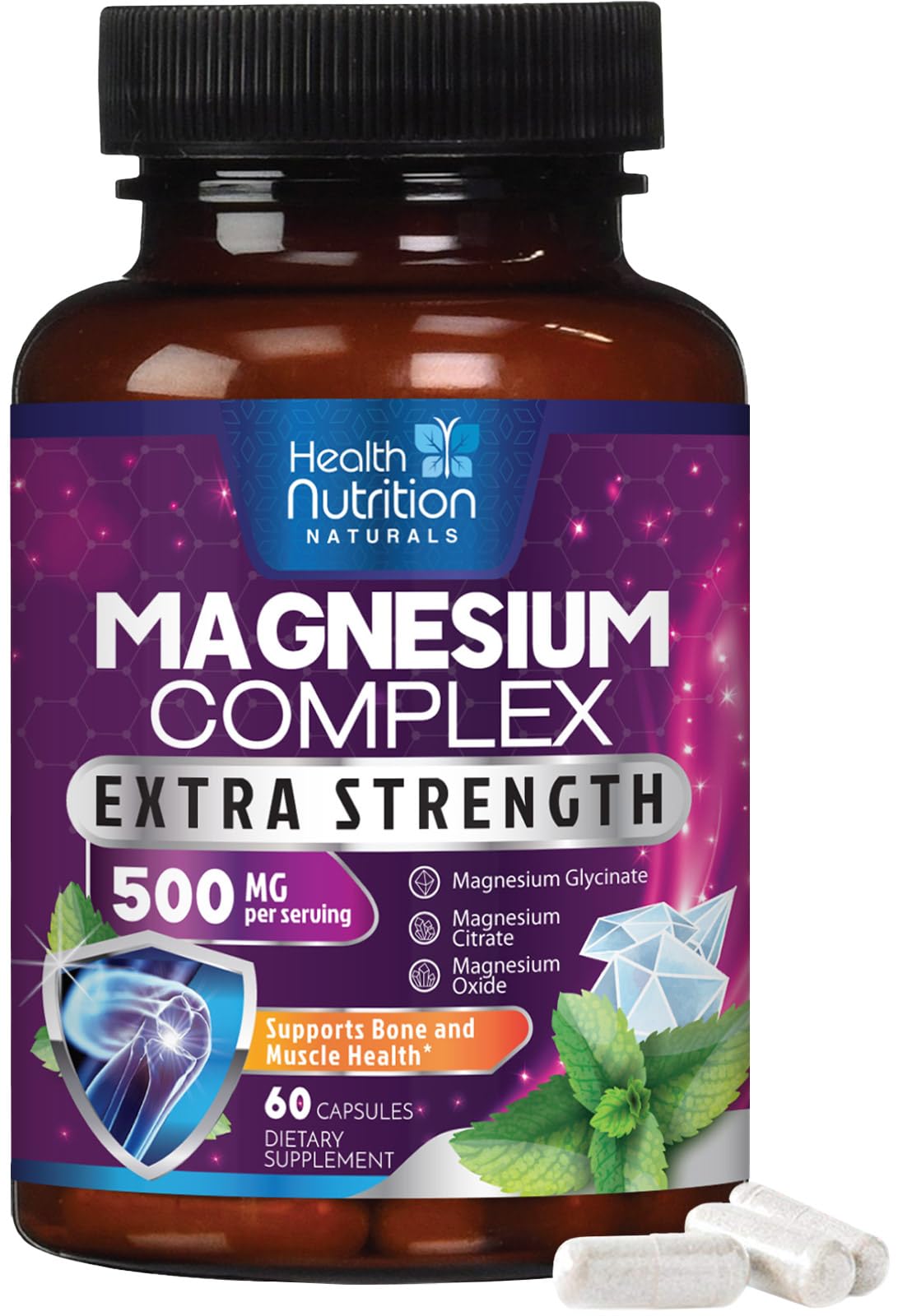 Health Nutrition Naturals Magnesium Complex 500mg bottle close-up for high absorption.