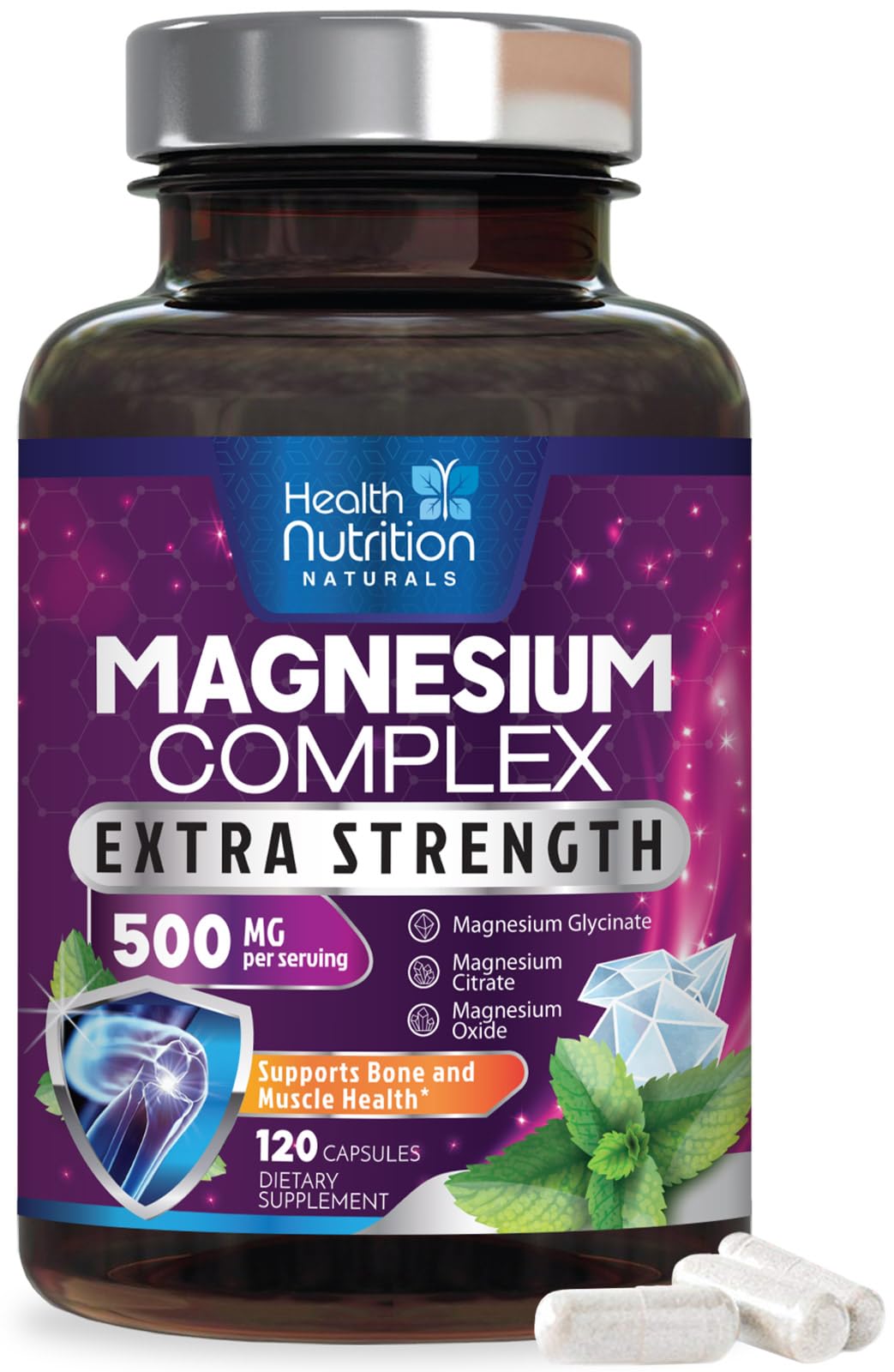 Health Nutrition Naturals Magnesium Complex bottle with capsules for daily magnesium support and muscle function.