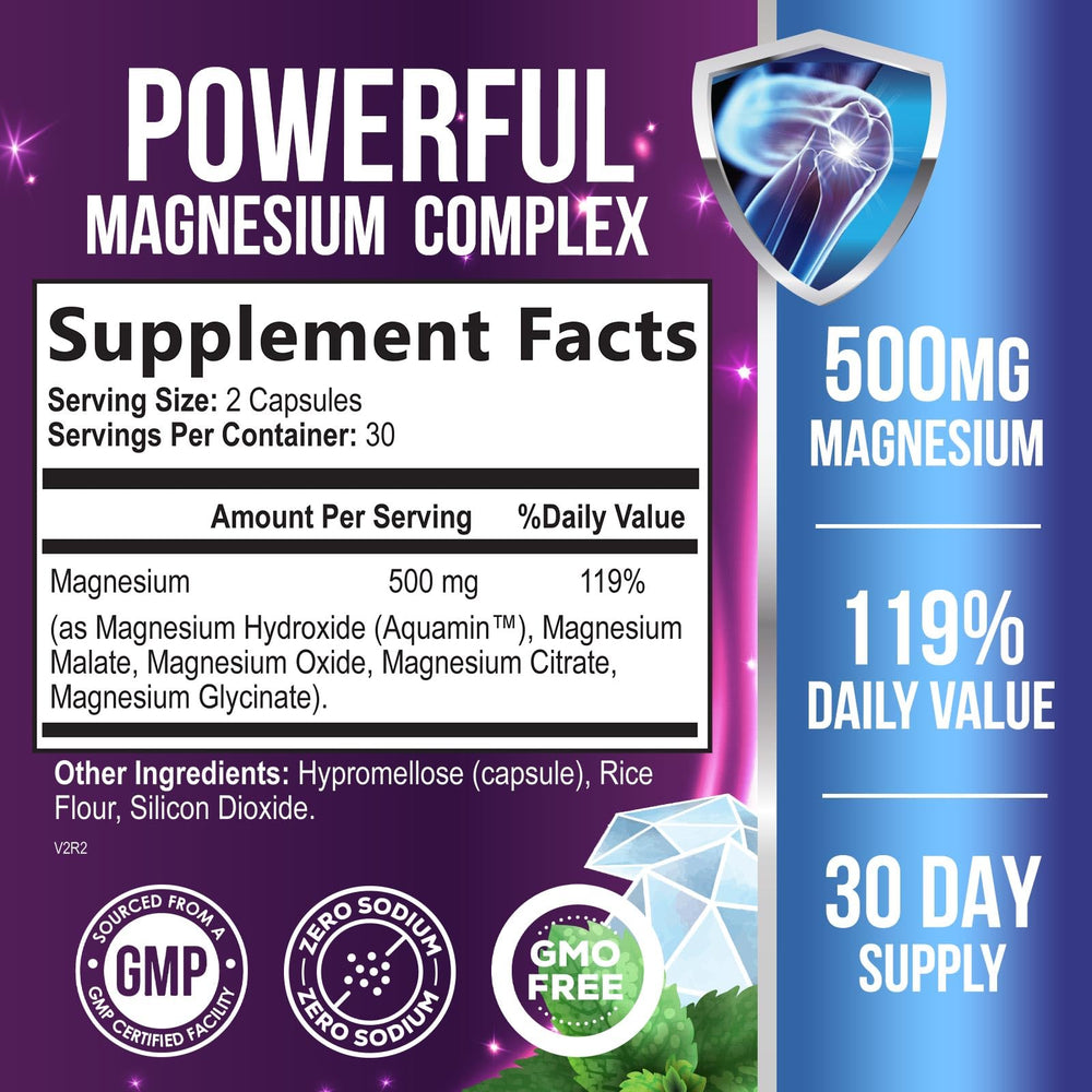 Health Nutrition Naturals Magnesium Complex capsules close-up highlighting chelated forms for uptake.
