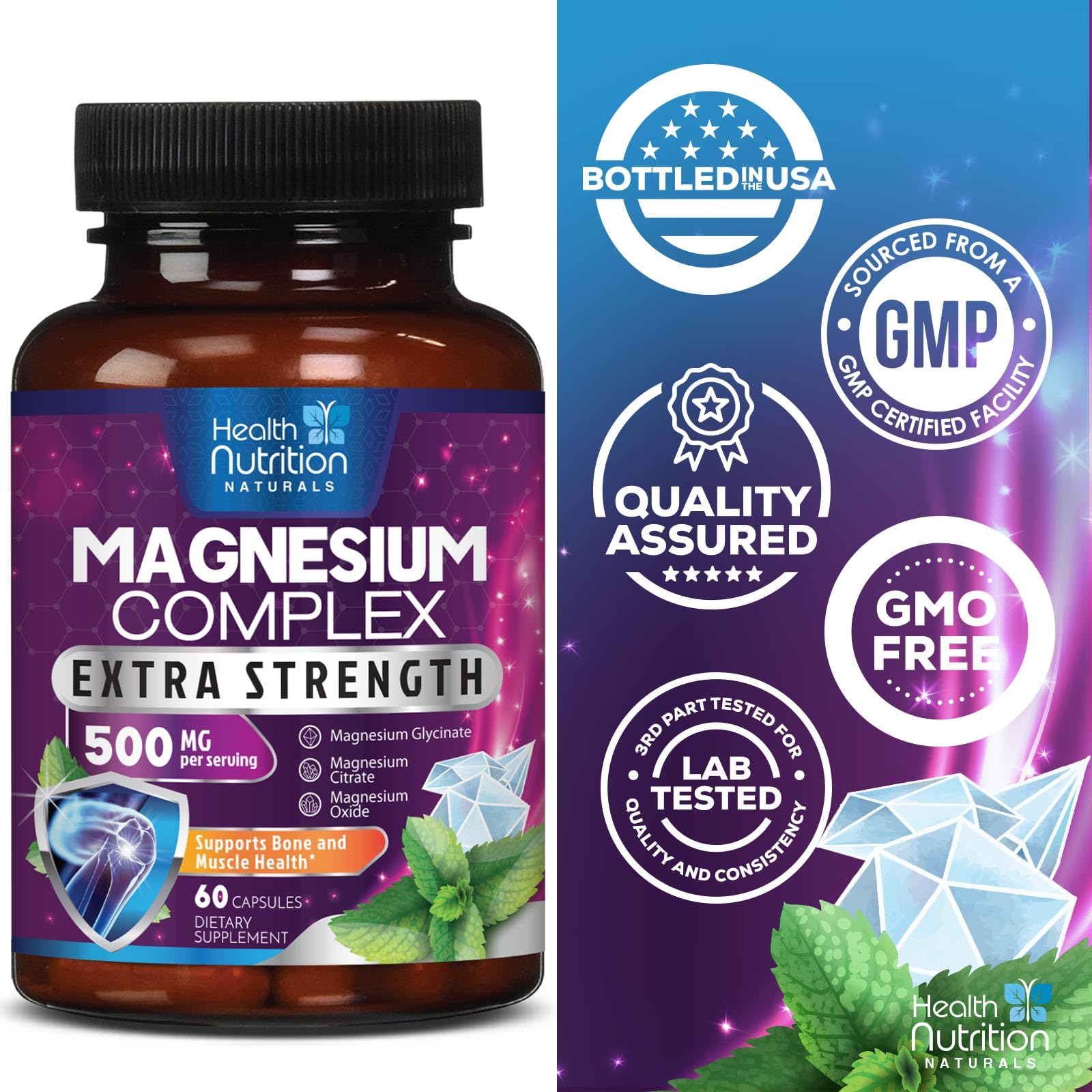 Health Nutrition Naturals Magnesium Complex capsules in hand for daily wellness routine.