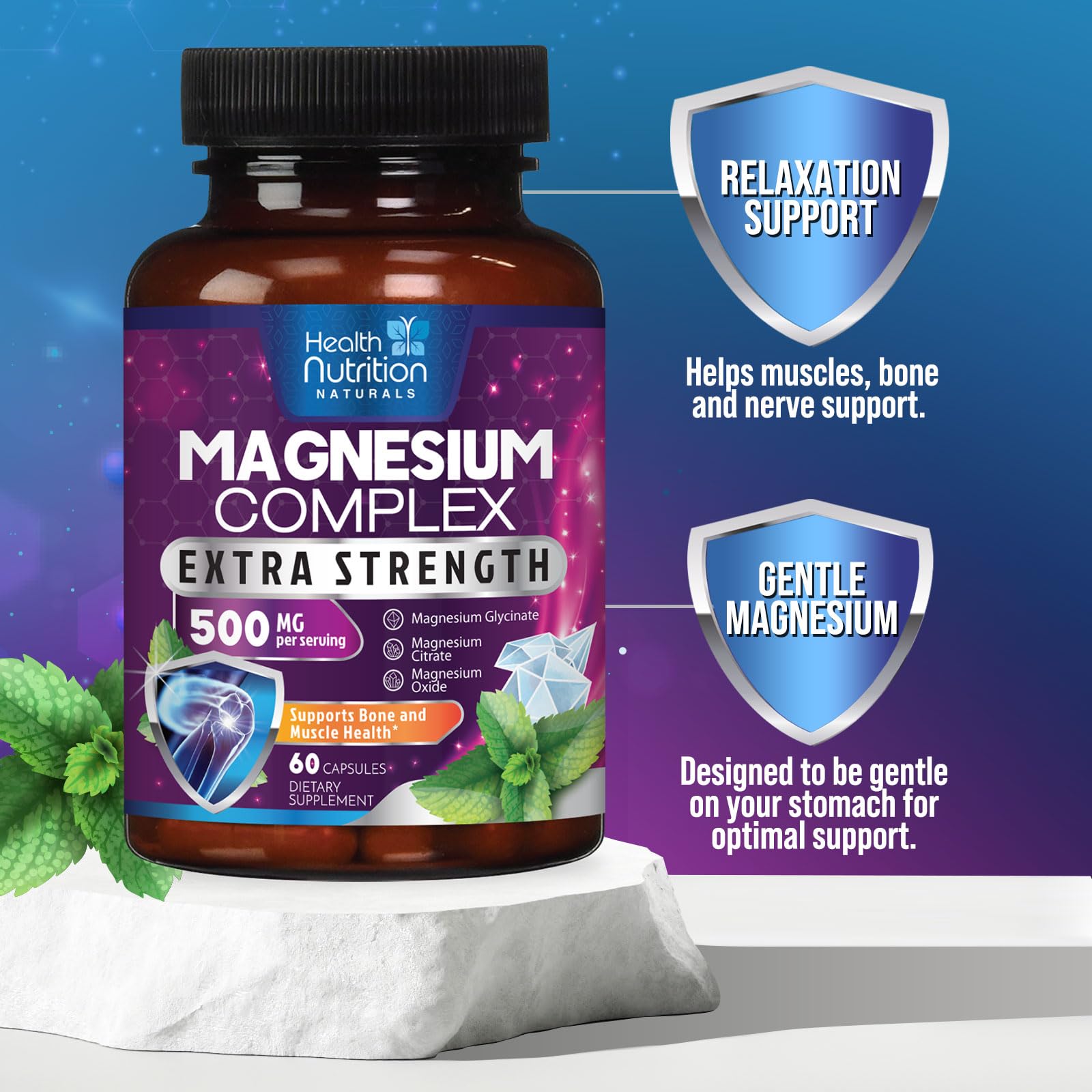 Health Nutrition Naturals Magnesium Complex packaging detail emphasizing premium minerals.