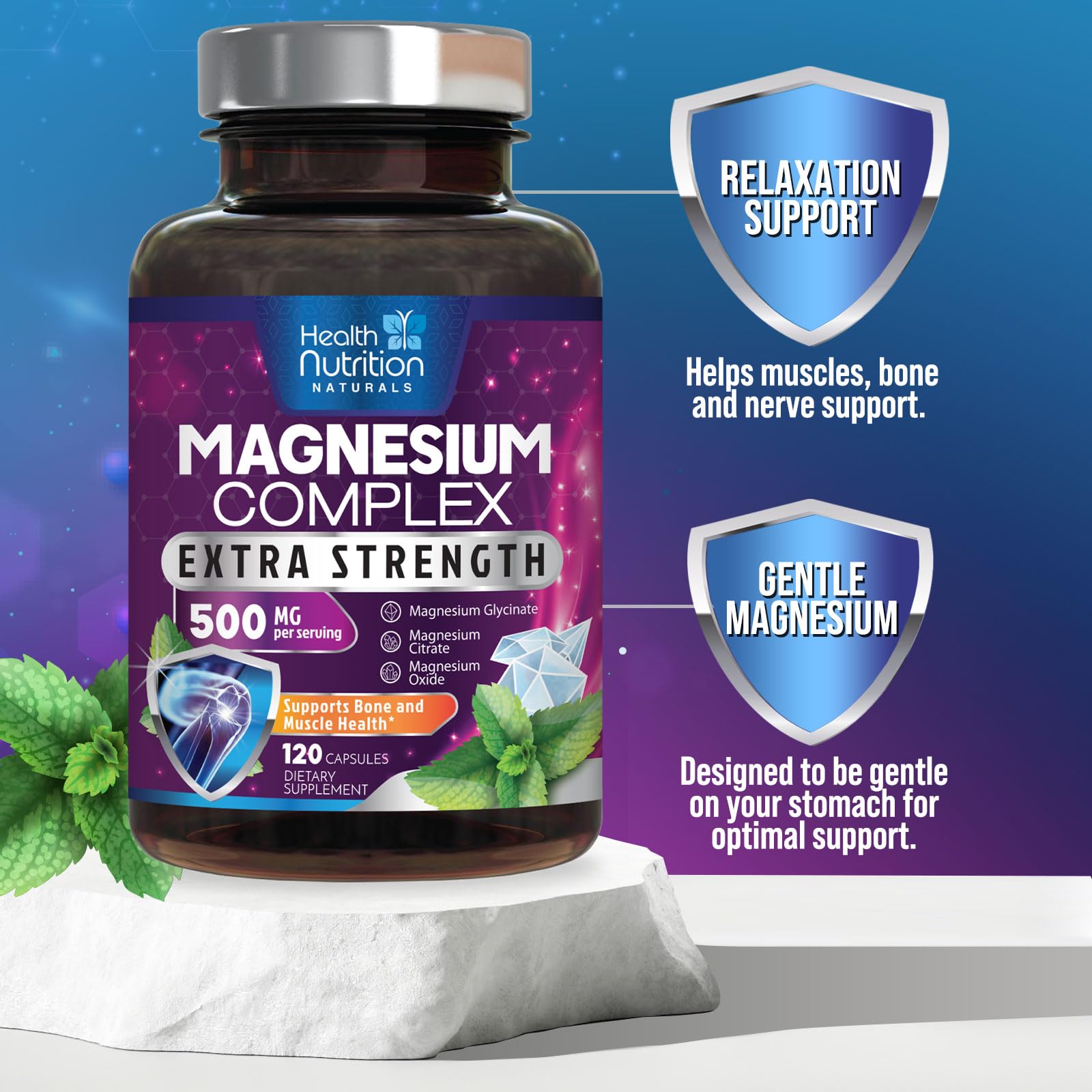 Health Nutrition Naturals magnesium complex recovery-scene image suggests active lifestyle benefits.