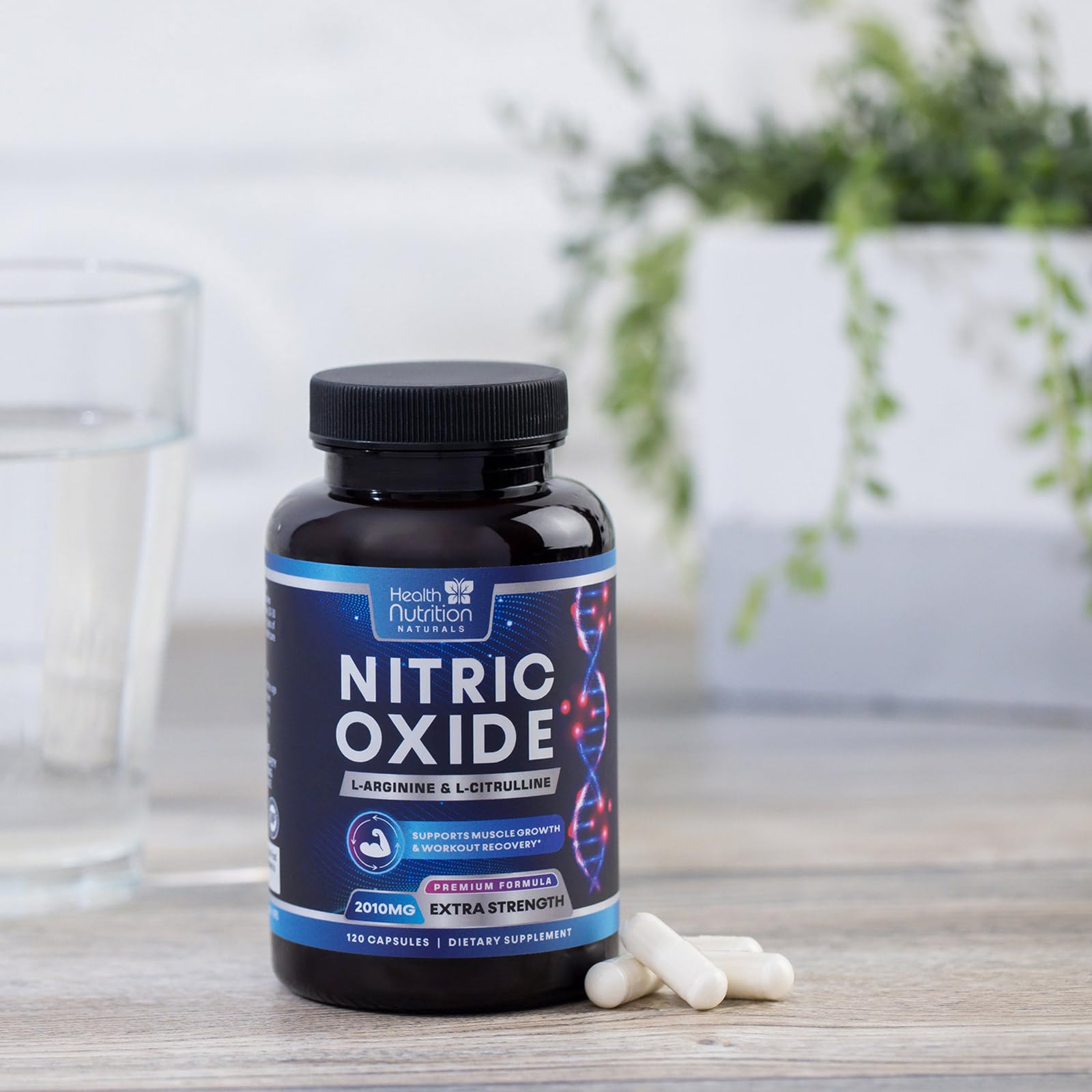 Health Nutrition Naturals Nitric Oxide Booster capsules close-up detail for clarity.