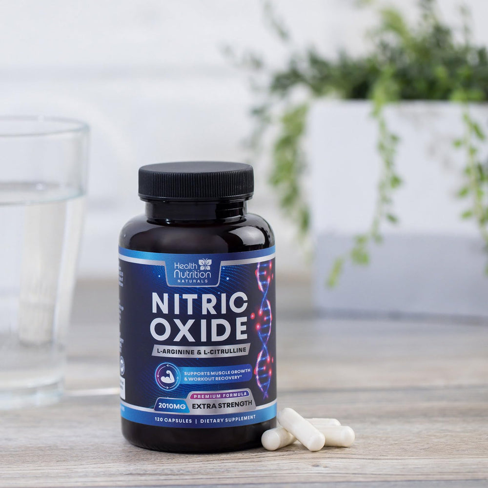Health Nutrition Naturals Nitric Oxide Booster capsules close-up detail for clarity.