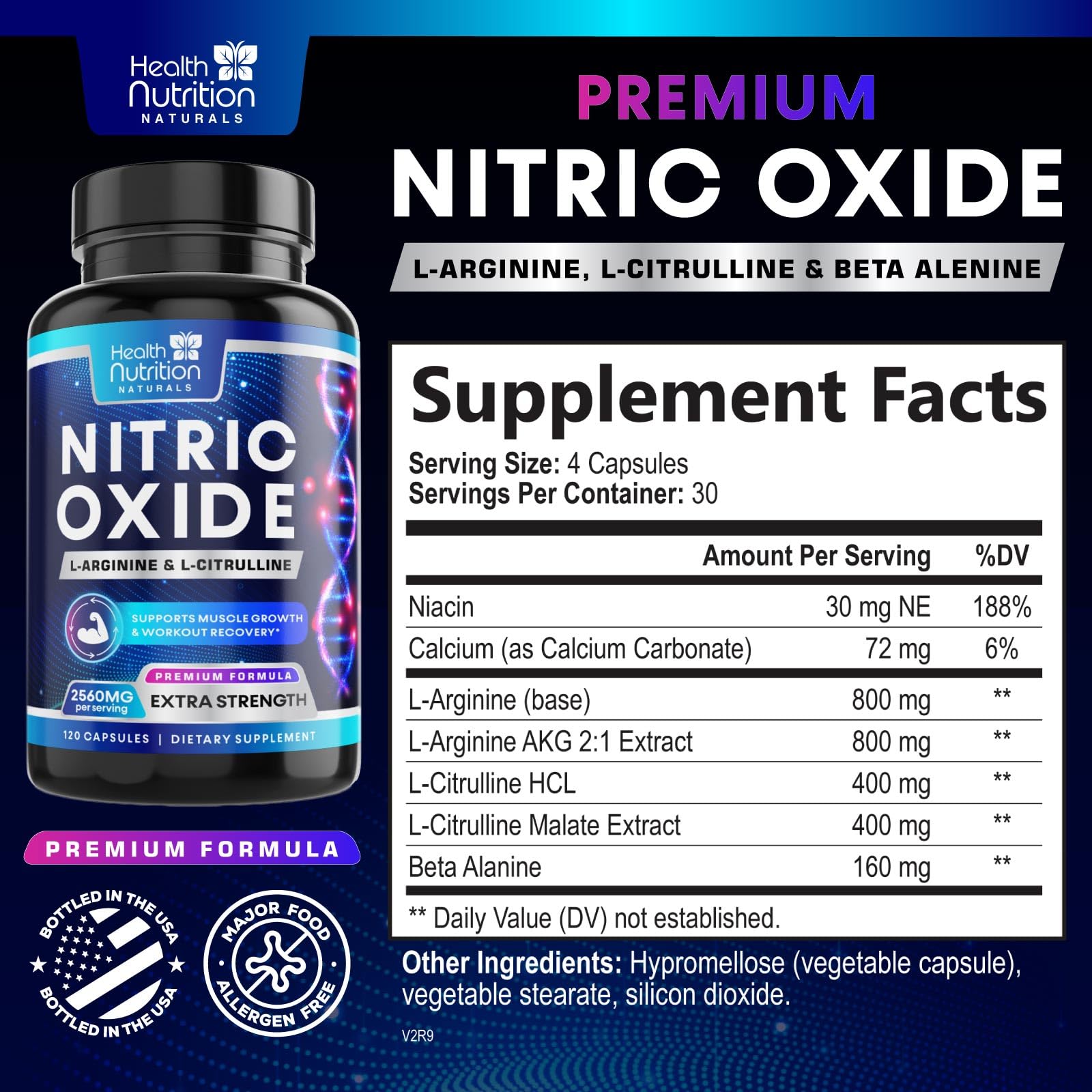 Health Nutrition Naturals Nitric Oxide Booster label showing premium formula quality.