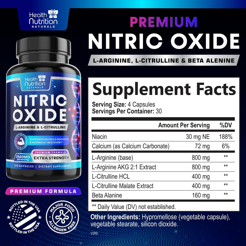 Health Nutrition Naturals Nitric Oxide Booster label showing premium formula quality.