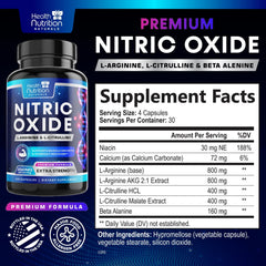 Health Nutrition Naturals Nitric Oxide Booster label showing premium formula quality.
