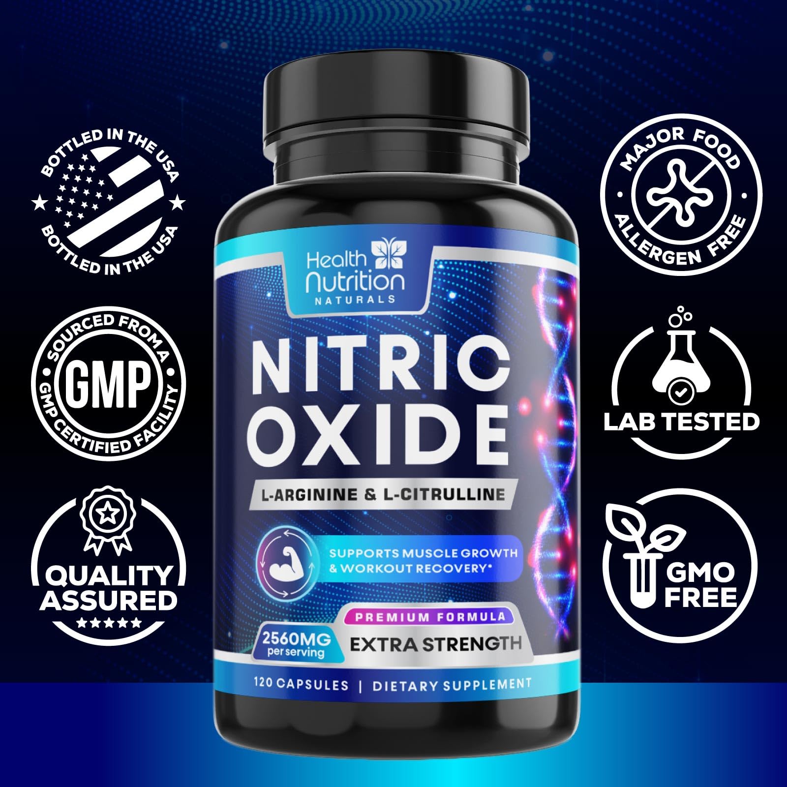 Health Nutrition Naturals Nitric Oxide Booster capsules visually illustrating muscle pumps.