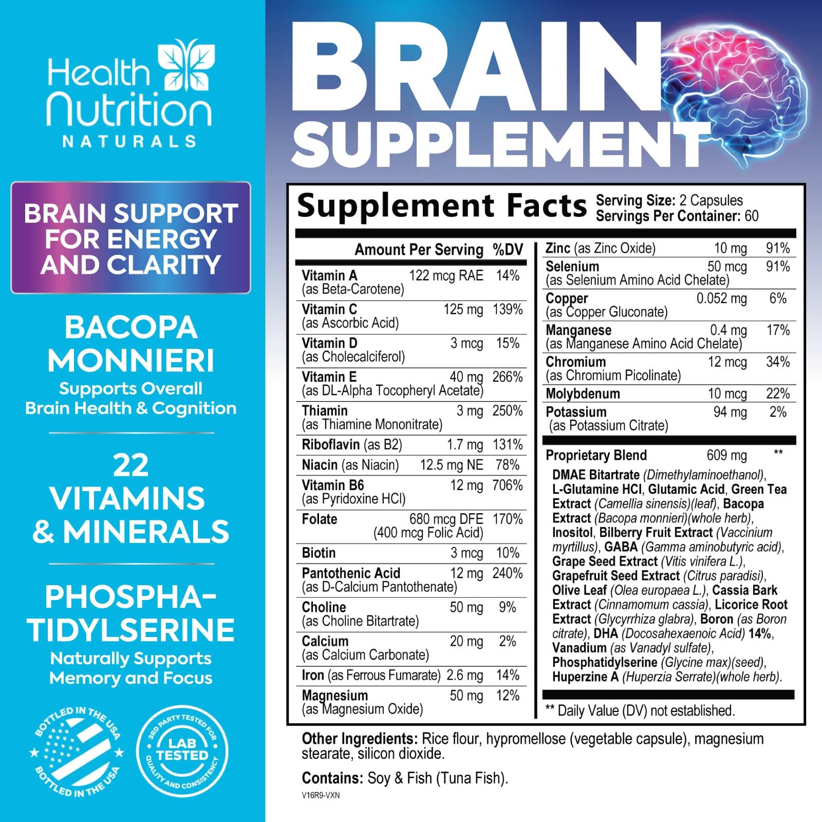 Health Nutrition Naturals nootropic capsules for daytime concentration and alertness.