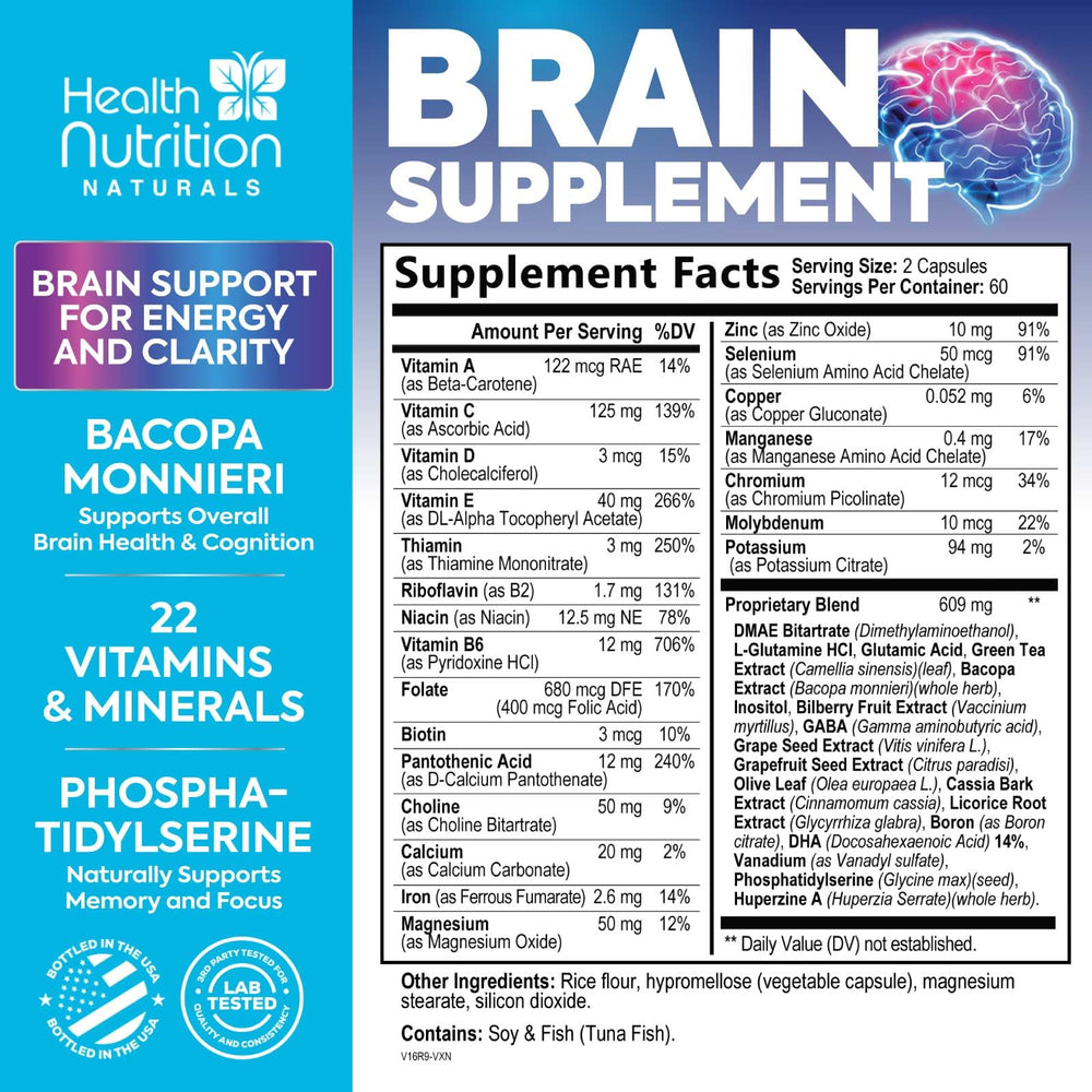 Health Nutrition Naturals nootropic capsules for daytime concentration and alertness.