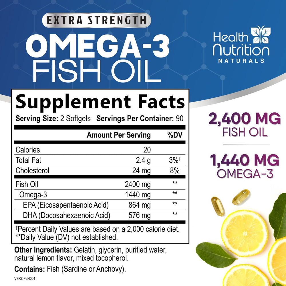 Health Nutrition Naturals Omega-3 capsules close-up showing lemon burpless softgels