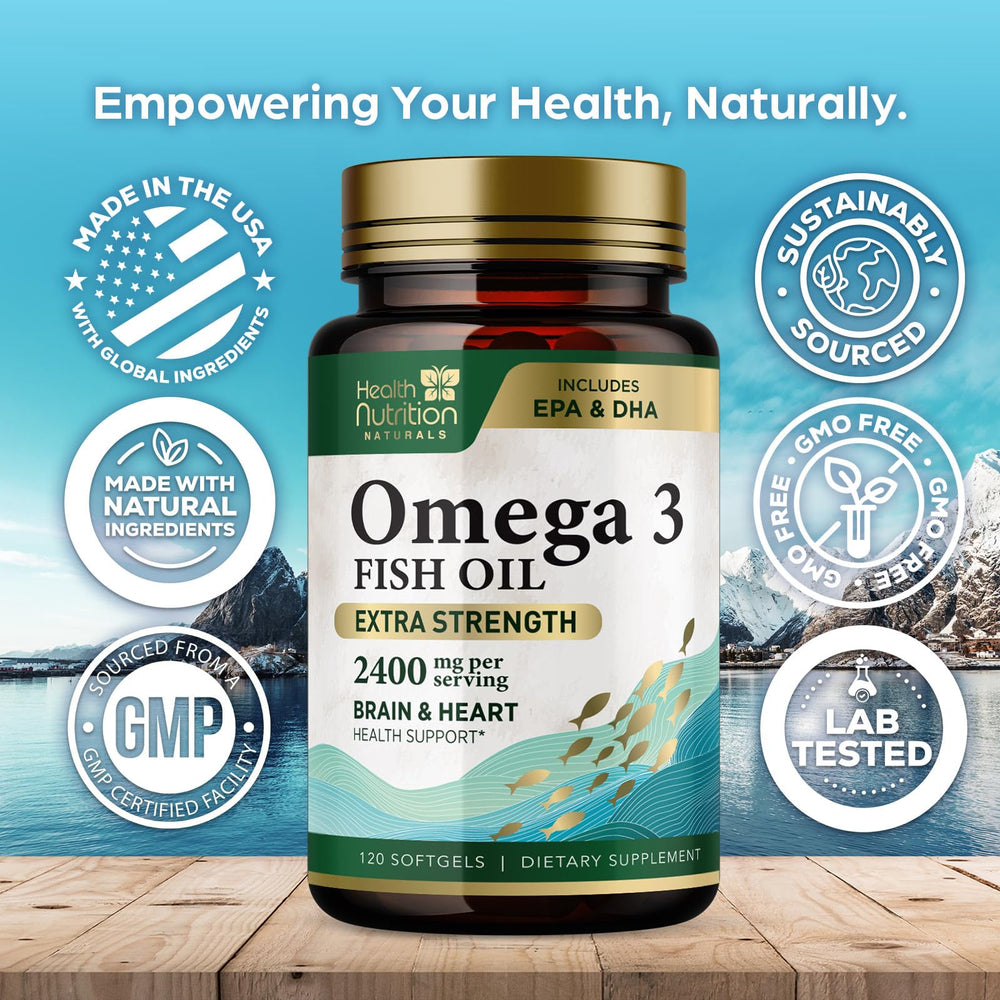 Health Nutrition Naturals Omega-3 1200mg softgels closeup emphasizing EPA and DHA