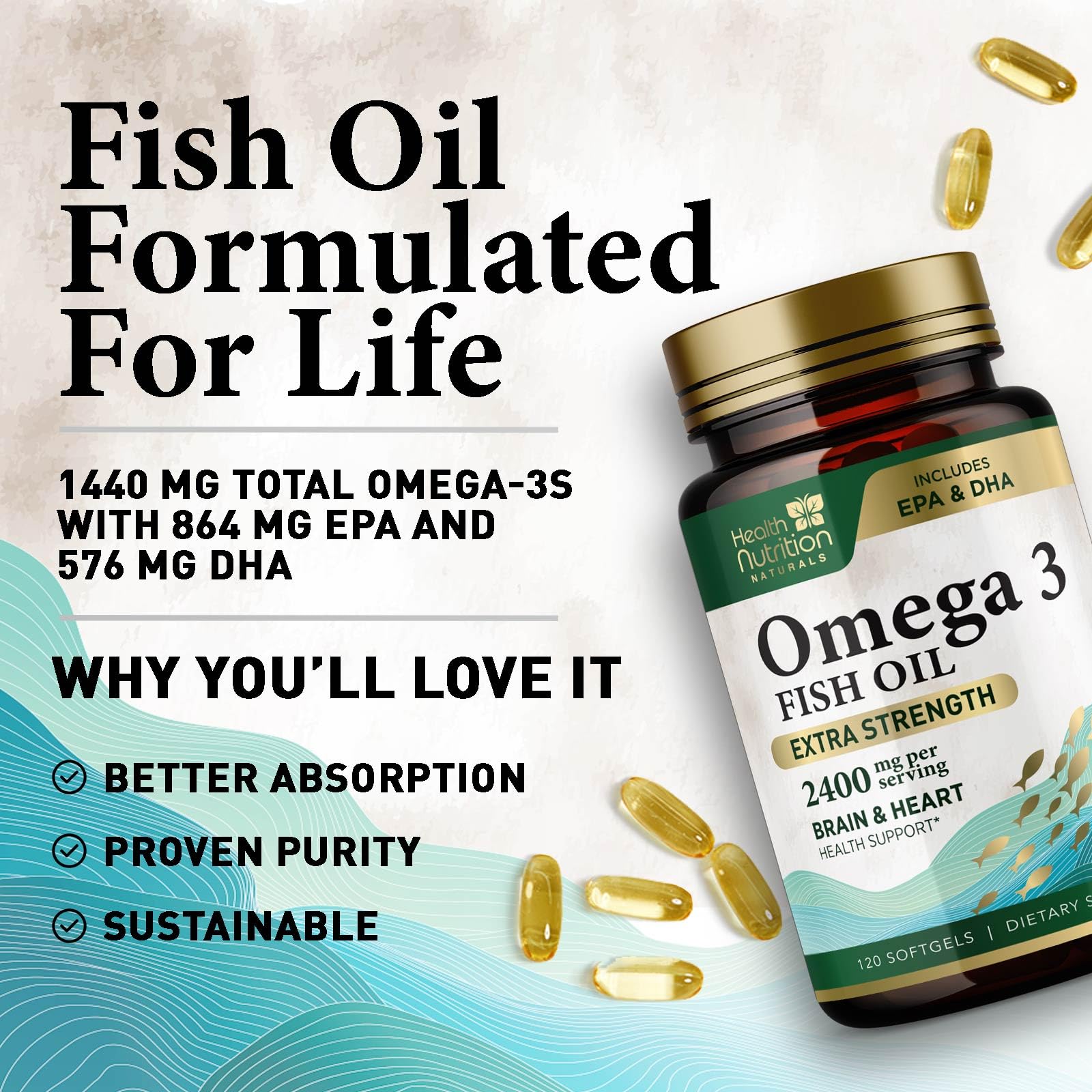 Health Nutrition Naturals Omega-3 1200mg softgels label highlighting wild-caught source