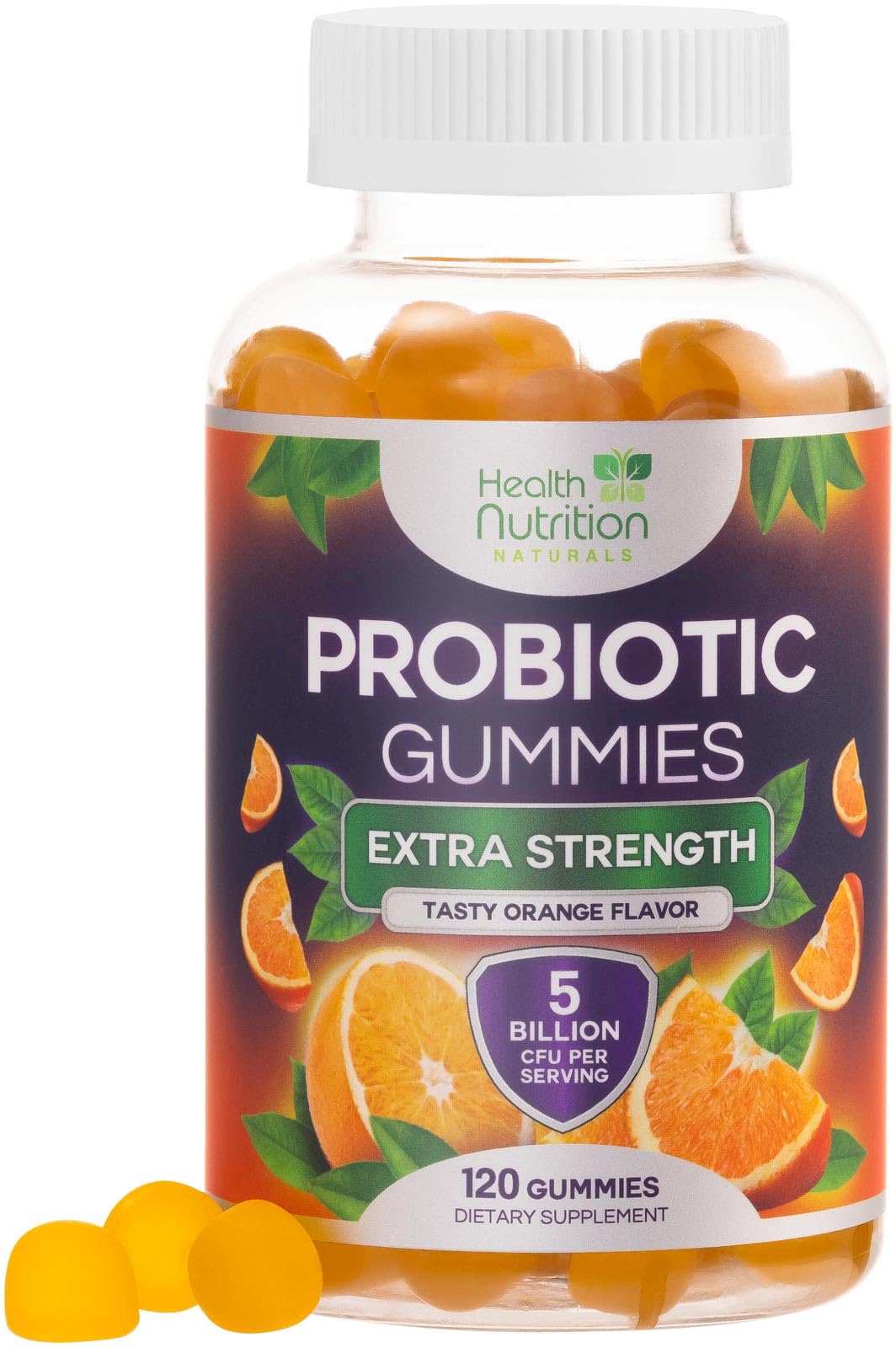 Health Nutrition Naturals probiotic gummies bottle highlights 5-billion-CFU for daily gut support.
