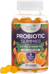 Health Nutrition Naturals probiotic gummies bottle highlights 5-billion-CFU for daily gut support.