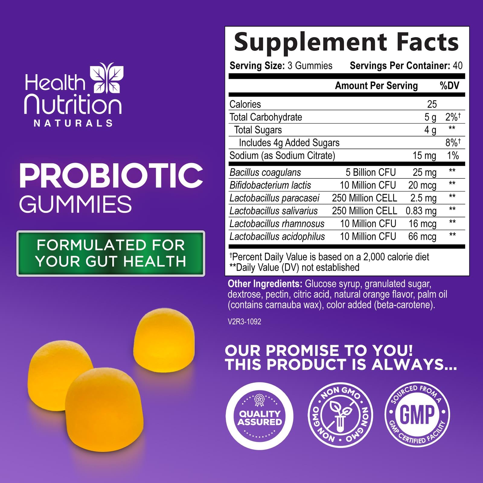 Health Nutrition Naturals probiotic gummies open container highlights convenient daily digestive support.