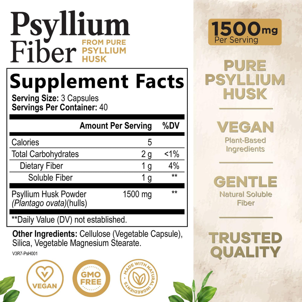 Health Nutrition Naturals psyllium husk capsules close-up, vegan plant-based fiber capsules.