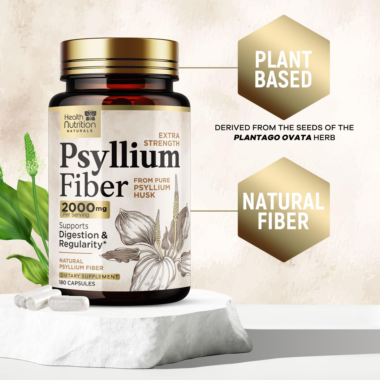 Psyllium capsules poured over the bottle emphasize convenient daily fiber