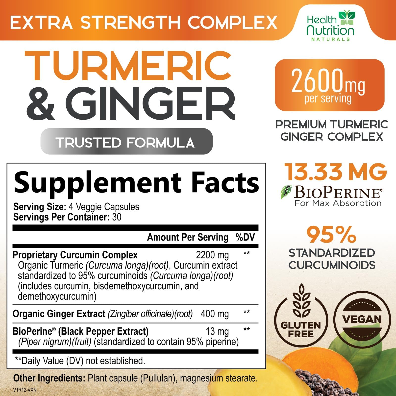 Health Nutrition Naturals Turmeric Curcumin capsules close-up showing high potency for joints