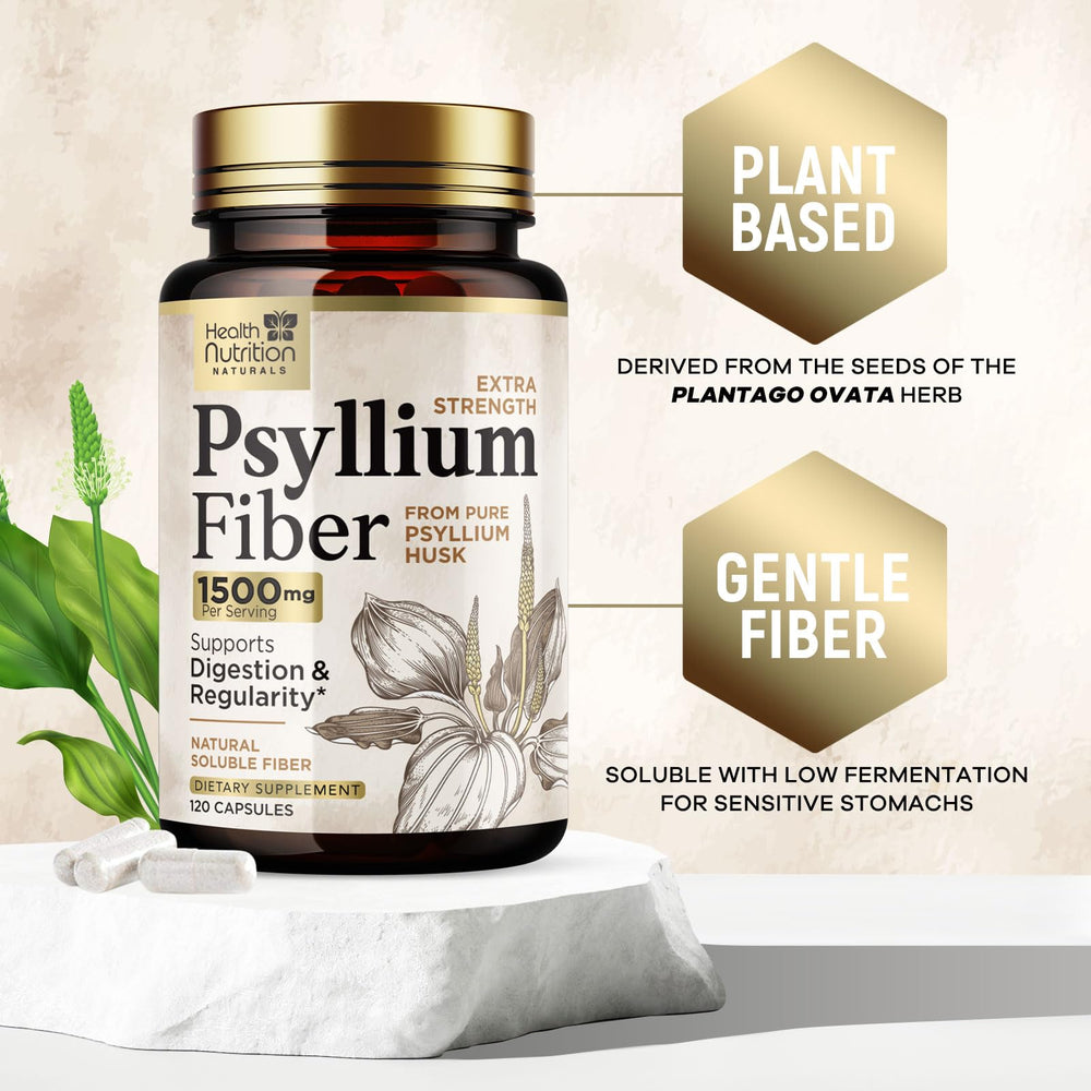Health Nutrition Naturals USA bottled psyllium capsules, quality manufacturing.