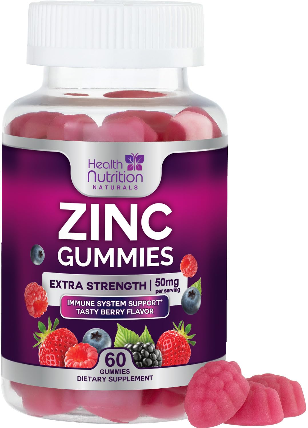 Health Nutrition Naturals Zinc Gummies berry bottle for daily immune support