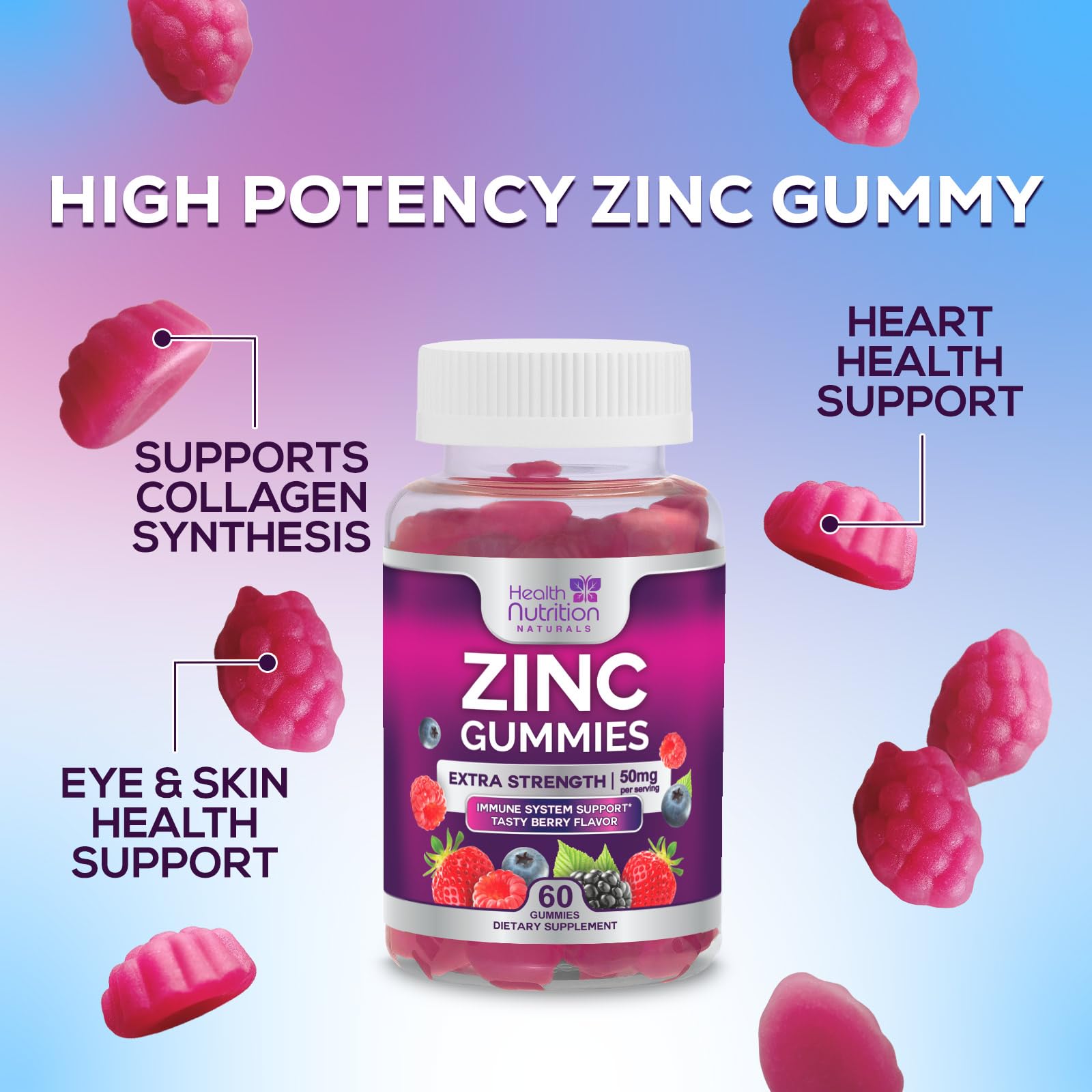 Health Nutrition Naturals Zinc Gummies label-detail shows 50mg per gummy