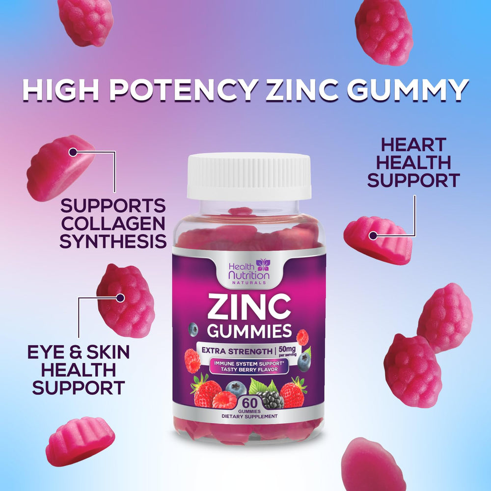 Health Nutrition Naturals Zinc Gummies label-detail shows 50mg per gummy