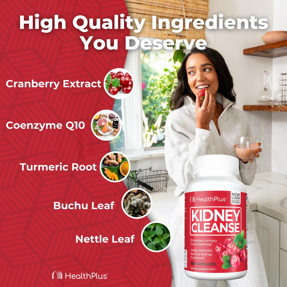 Health Plus Advanced Kidney Cleanse CoQ10 capsule close-up suggests antioxidant benefits