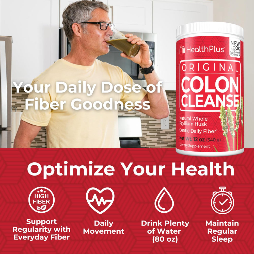 Health Plus Colon Cleanse powder suggesting bloating relief and gut comfort.