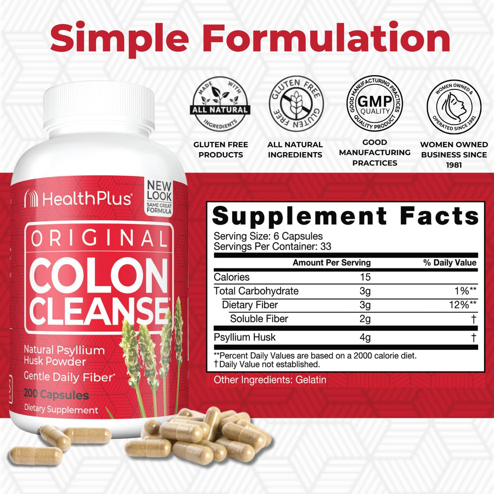 Health Plus Colon Cleanse bottle back highlights ingredients and daily serving details.