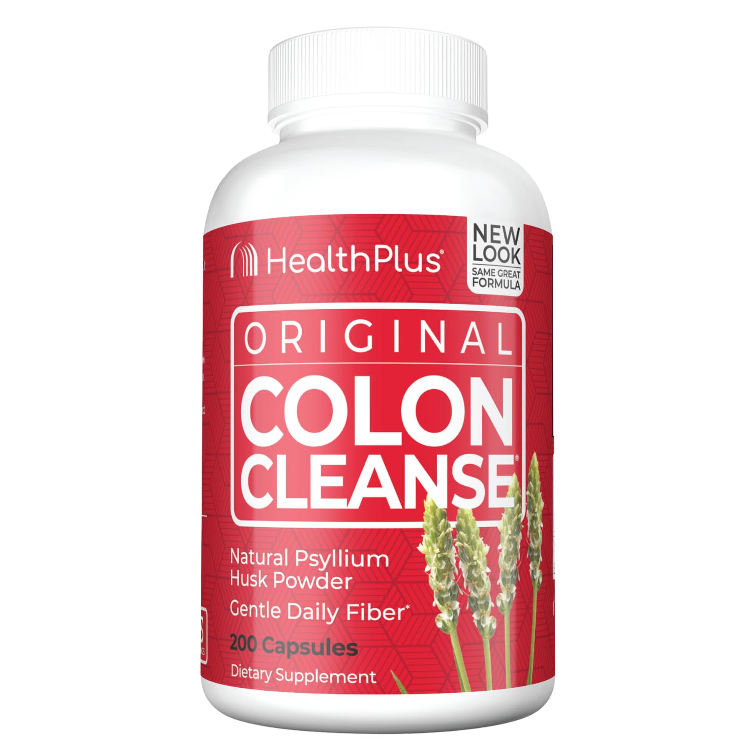 Health Plus Colon Cleanse bottle front shows convenient daily fiber support for digestion.