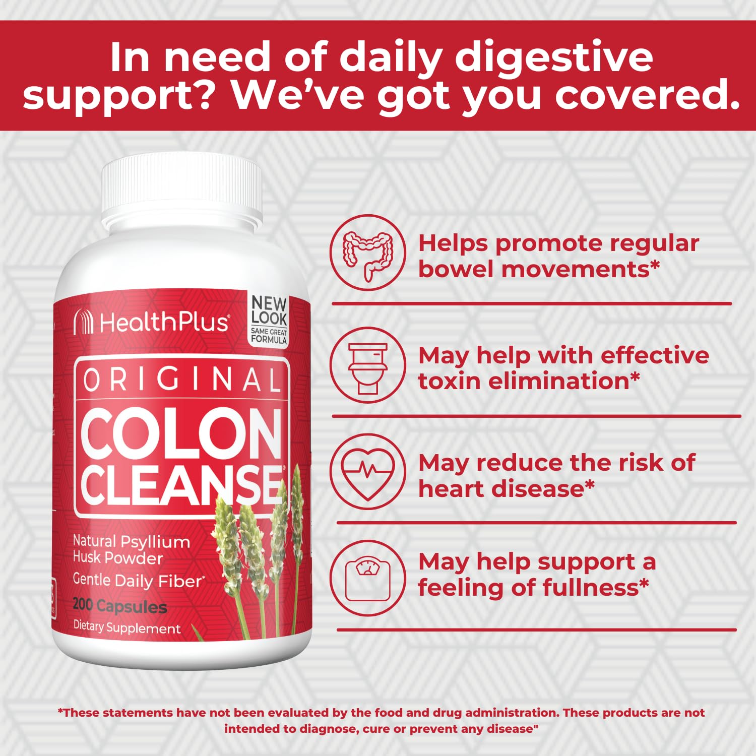 Health Plus Colon Cleanse capsules closeup emphasizes psyllium fiber for regularity.