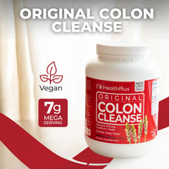 Health Plus Colon Cleanse dispensed powder image conveys gentle internal support for bloating relief possibilities.