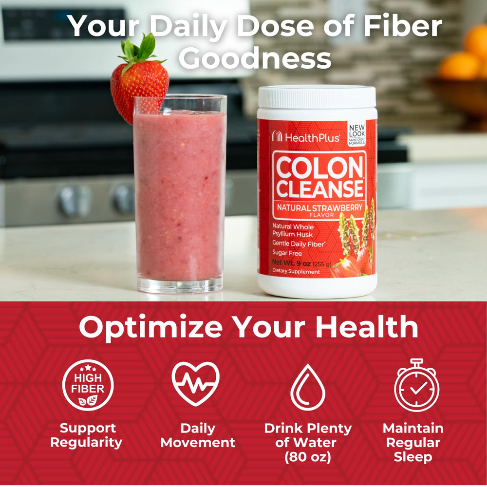 Health Plus Colon Cleanse glass-mixing-scene suggests simple daily rituals.