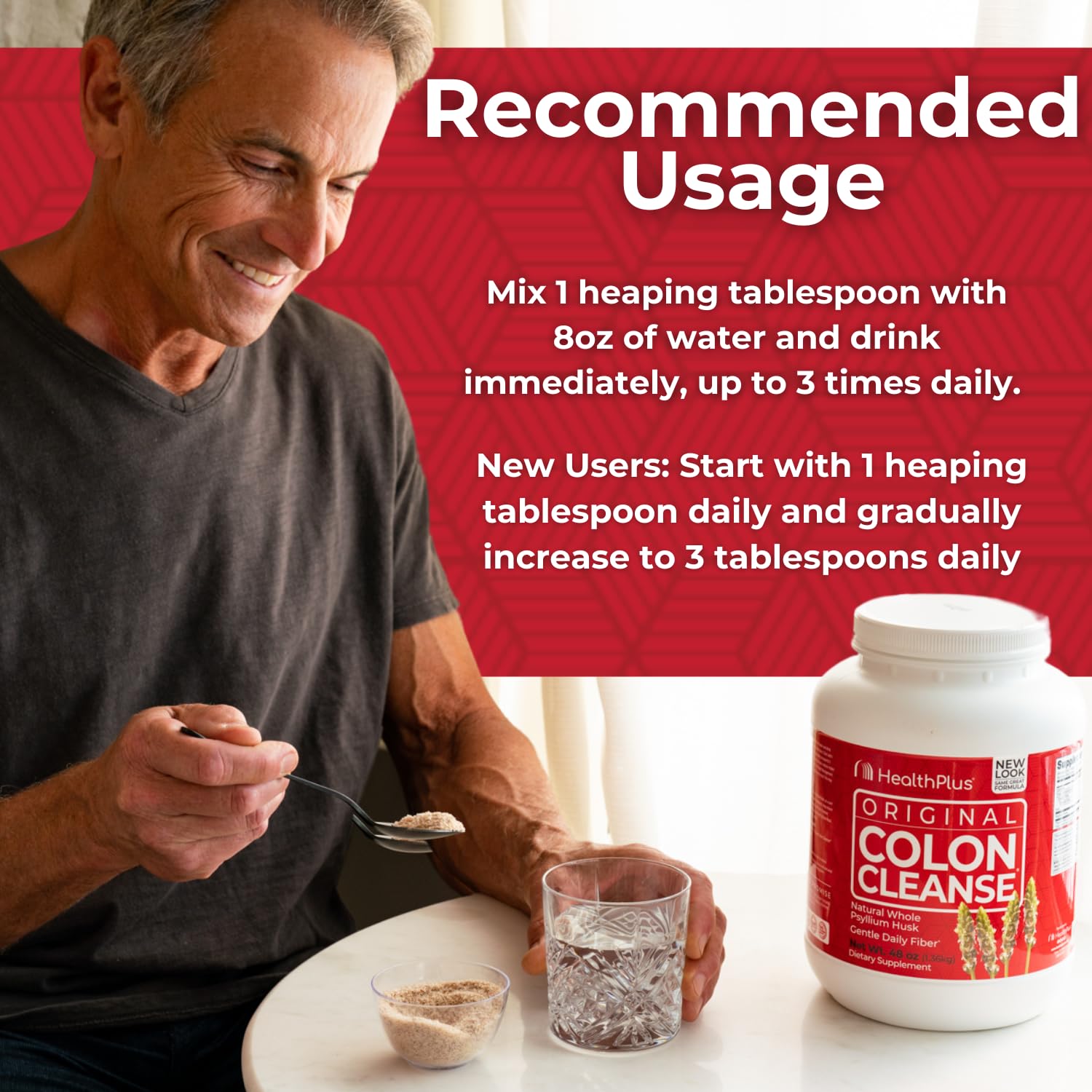 Health Plus Colon Cleanse glass mixing image demonstrates simple preparation for consistent use.