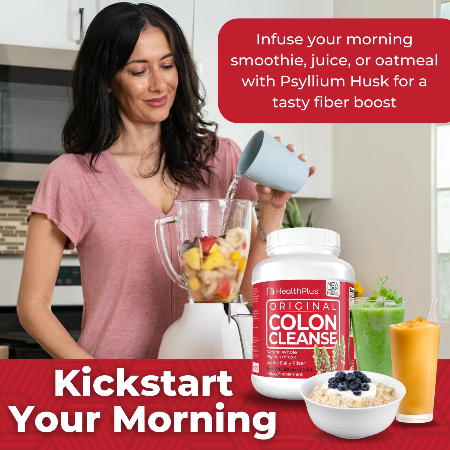 Health Plus Colon Cleanse ingredients closeup highlights psyllium husk as key fiber.