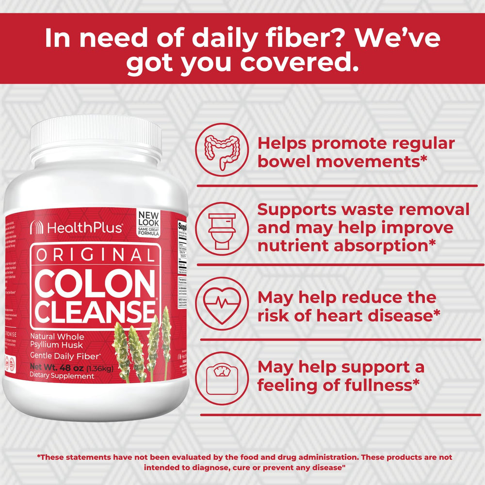 Health Plus Colon Cleanse measuring scoop emphasizes easy daily intake before meals.