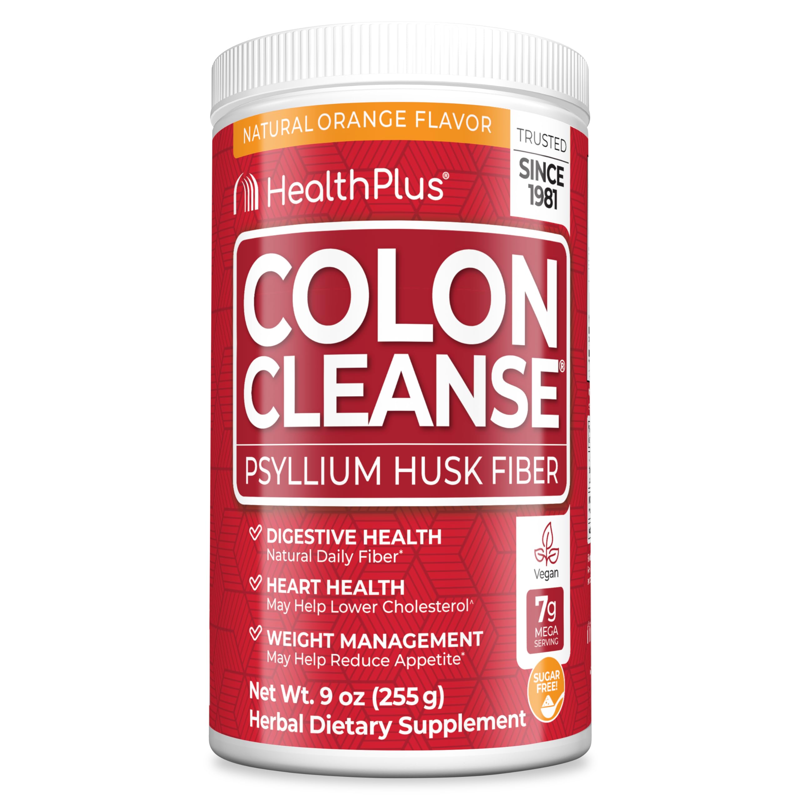 Health Plus Colon Cleanse orange powder bottle shows flavorful fiber support for daily regularity.