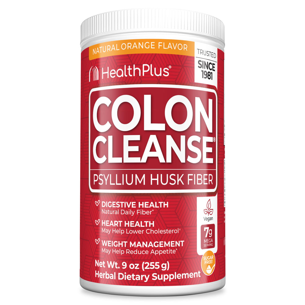 Health Plus Colon Cleanse orange powder bottle shows flavorful fiber support for daily regularity.
