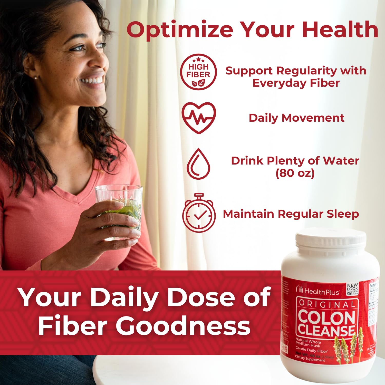 Health Plus Colon Cleanse packaging on shelf communicates dairy-free and gluten-free features.