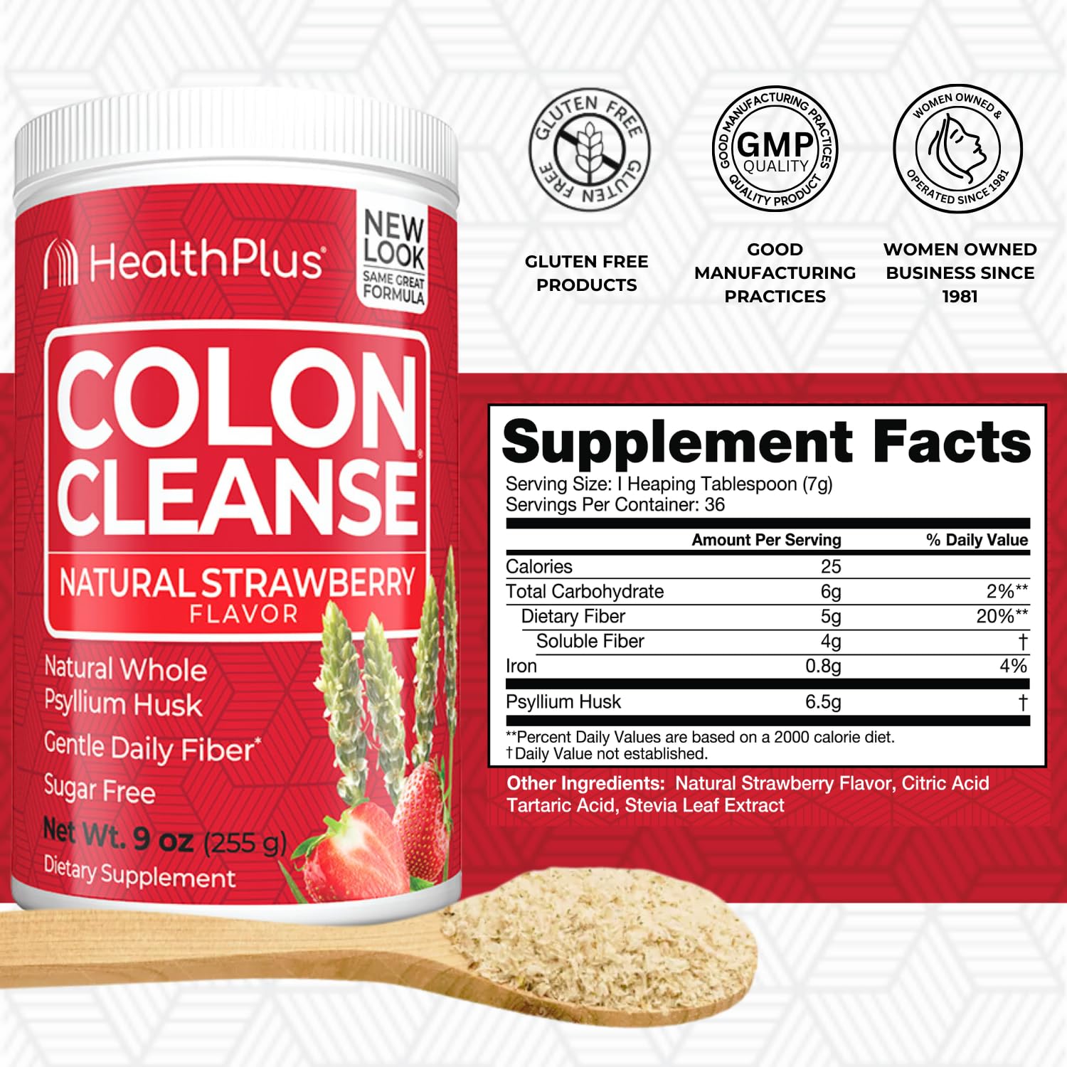 Health Plus Colon Cleanse powder-dispense shows easy, measured servings for daily use.