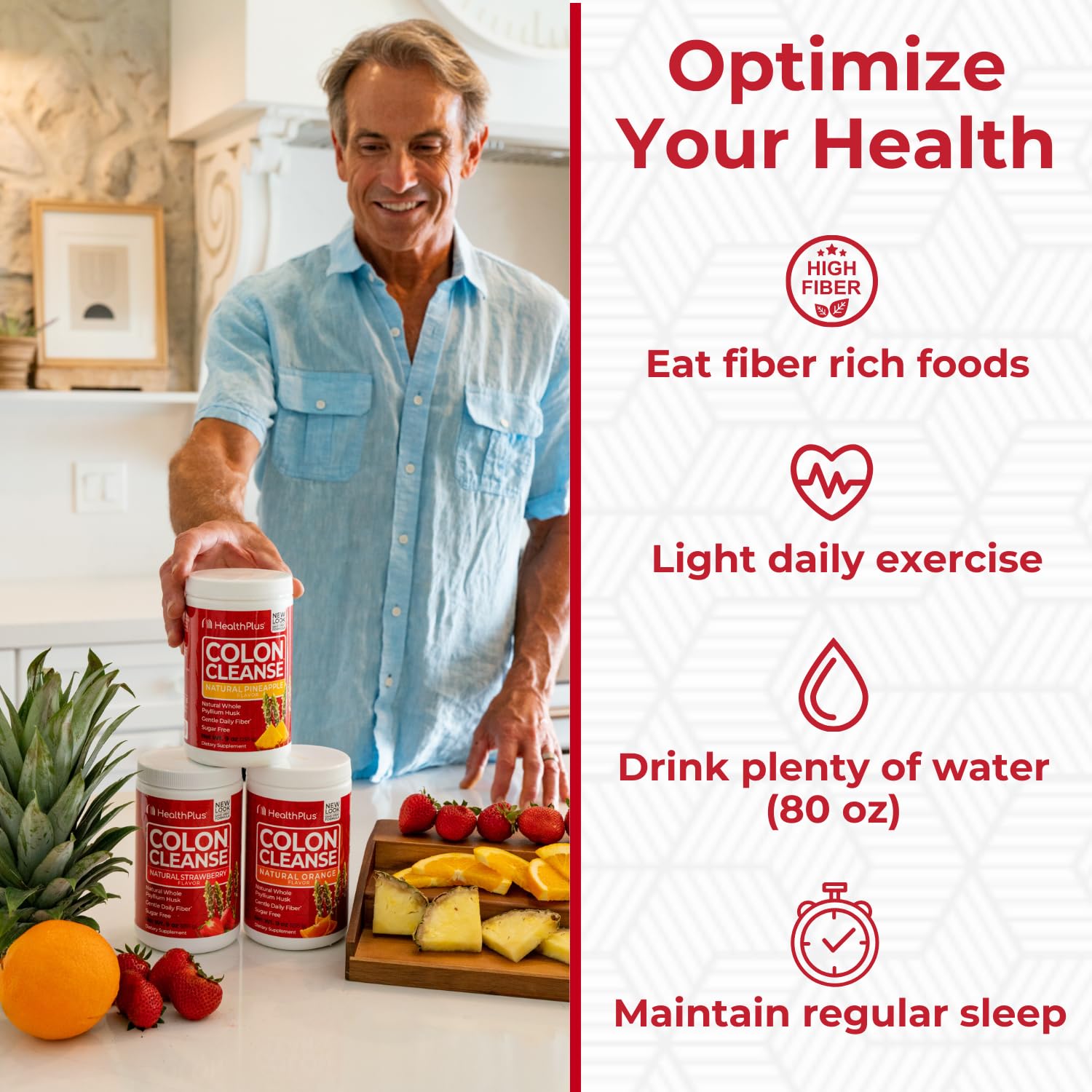 Health Plus Colon Cleanse psyllium-husk graphic showcases natural fiber supporting bowel movements.