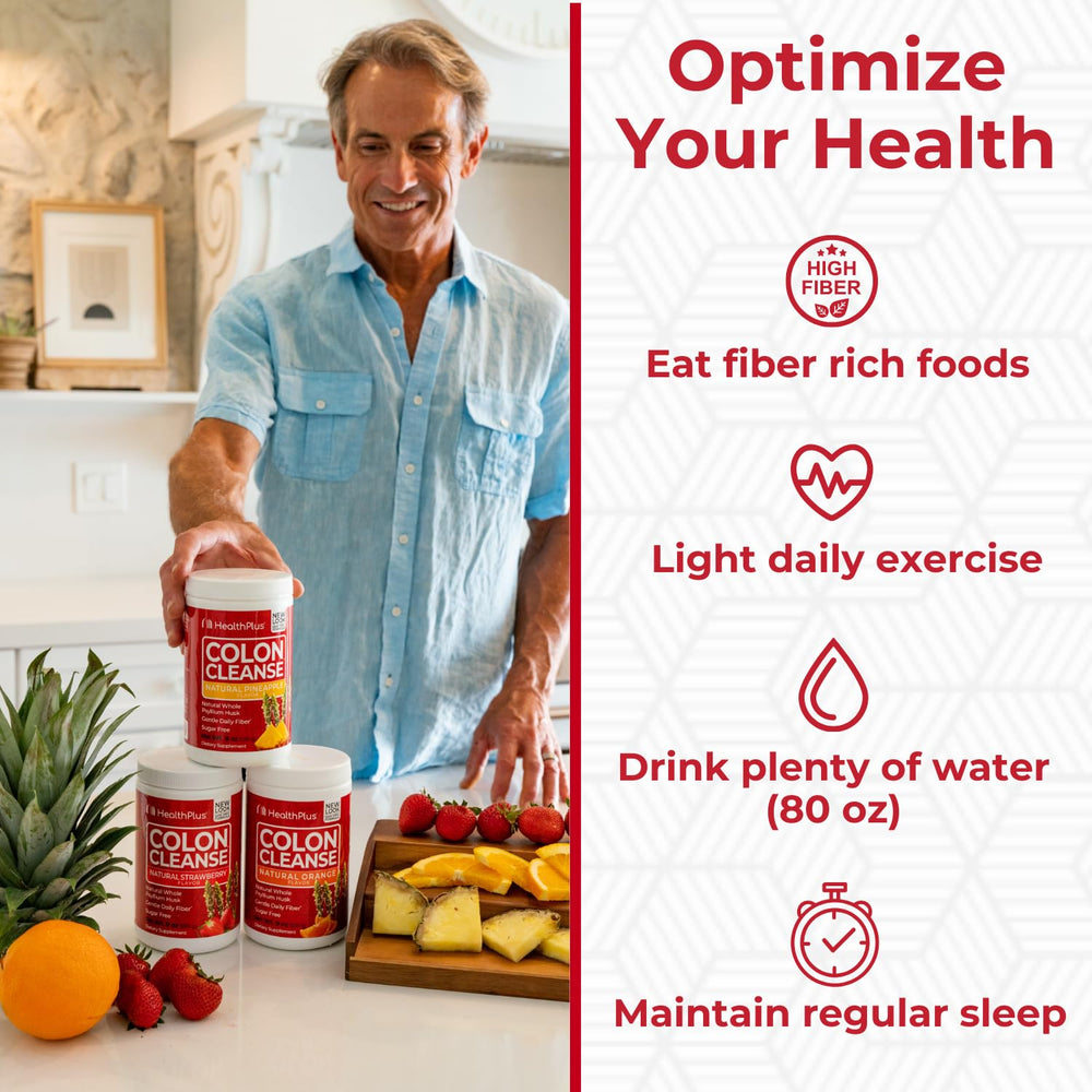Health Plus Colon Cleanse psyllium-husk graphic showcases natural fiber supporting bowel movements.