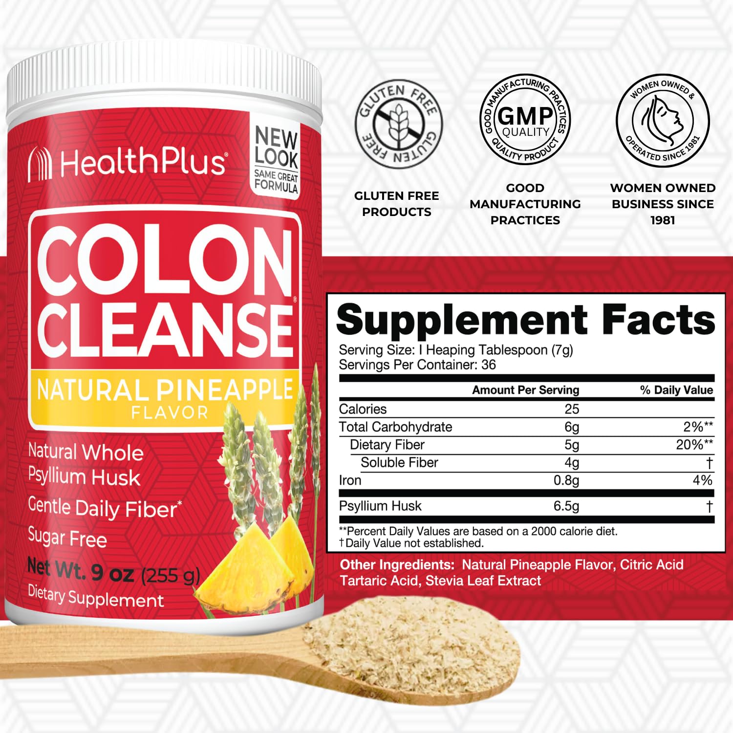 Health Plus Colon Cleanse scoop-dispense highlights easy portion control for convenient fiber intake.