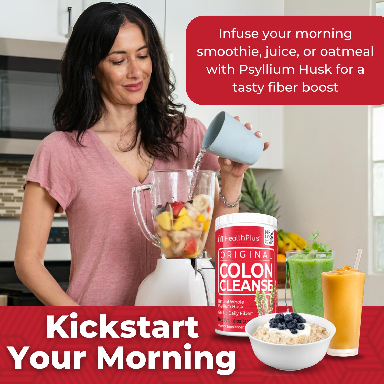 Serving glass with Health Plus Colon Cleanse prepared for a healthy routine.