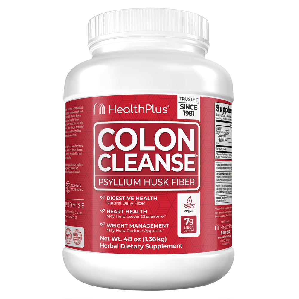 Health Plus Colon Cleanse tub front shows the natural fiber formula for regularity.