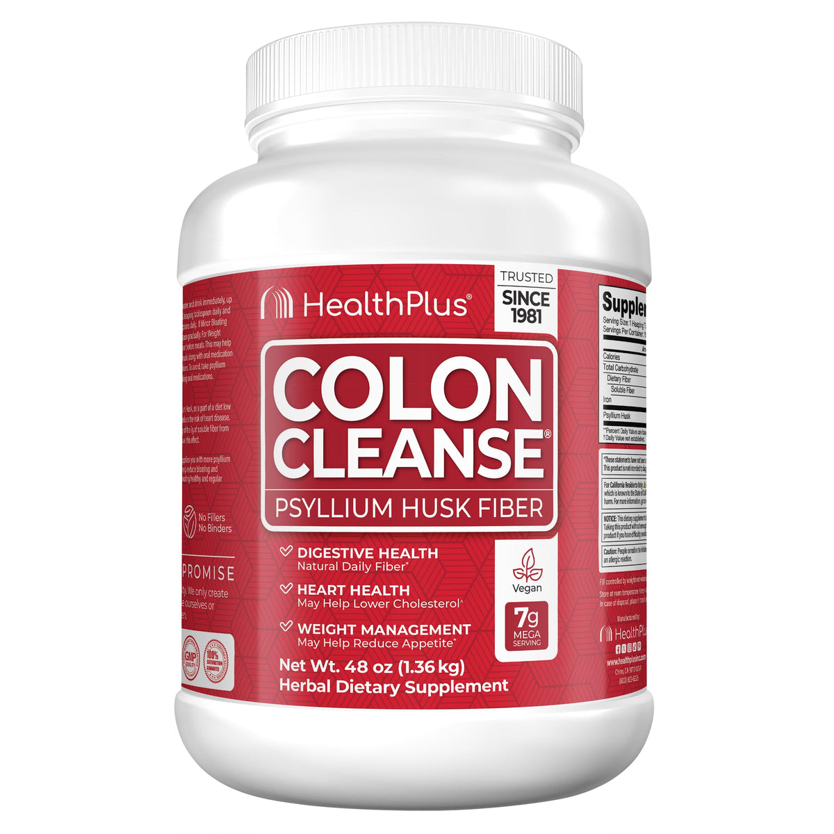 Health Plus Colon Cleanse tub front shows the natural fiber formula for regularity.