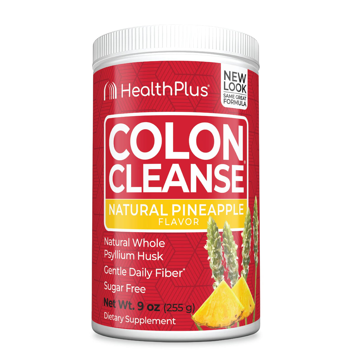 Health Plus Colon Cleanse tub front shows authentic pineapple flavor for gentle daily support.