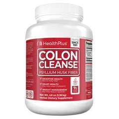 Health Plus Colon Cleanse tub front shows the natural fiber formula for regularity.