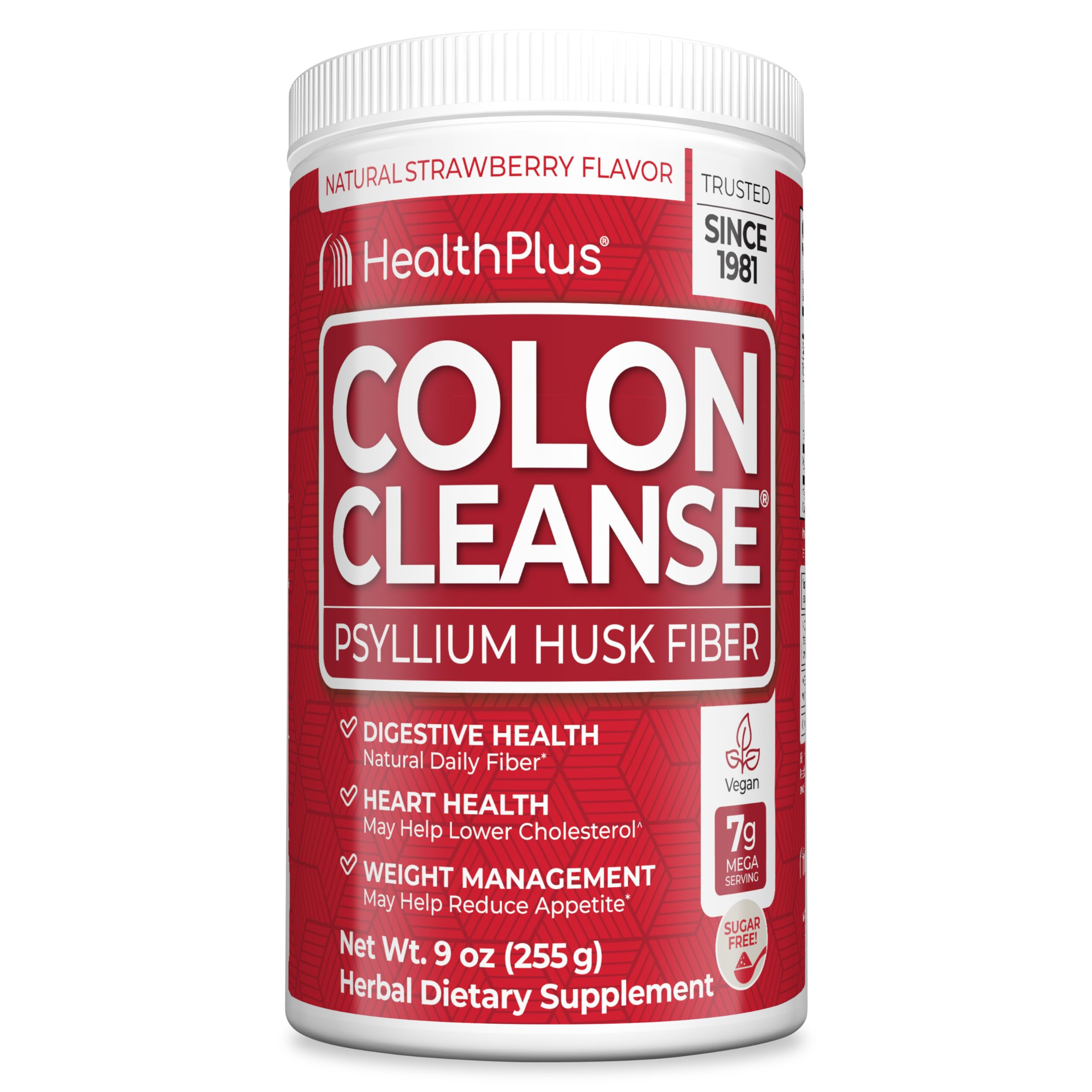 Health Plus Colon Cleanse tub with label highlights product details for informed regularity.